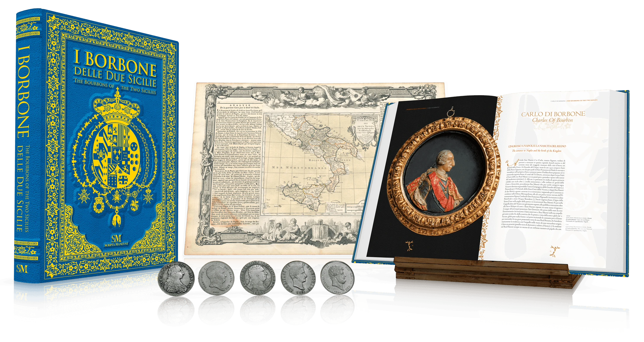 I Borbone delle Due Sicilie, Scripta Maneant · Edizione extra lusso — La copertina, il frontespizio con la miniatura di Carlo di Borbone e le cinque medaglie celebrative.