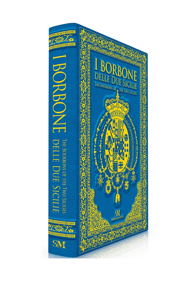 Copertina rigida in pelle blu primo fiore, con bassorilievo artistico applicato a mano sul piatto frontale.