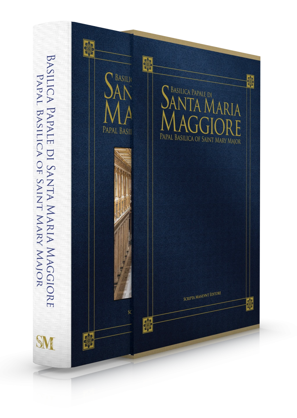 Copertina in Setalux blu con vignetta applicata e cofanetto rivestito in tela, entrambi con stampa a caldo in lamina oro.