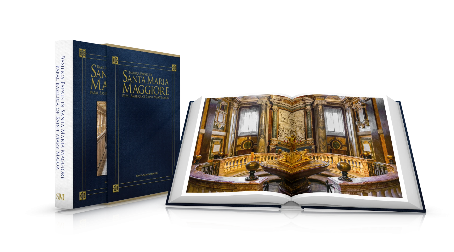 Basilica Papale di Santa Maria Maggiore, Scripta Maneant — Il cofanetto e il volume aperto sull'Altare Maggiore e il baldacchino della Basilica.
