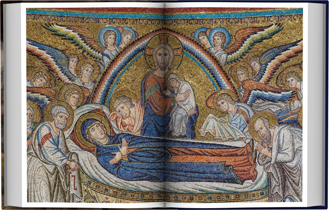La Dormitio Virginis nel fregio absidale, fra i capolavori del ciclo musivo trecentesco della Basilica.